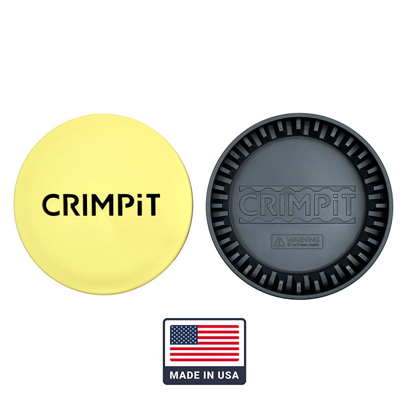 An image of the CRIMPiT Circle top and base side by side. The image contains the US flag with text 'Made in the USA'. 