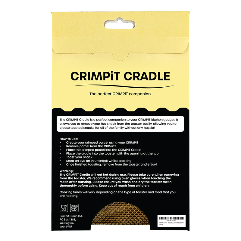 An image of the CRIMPiT Cradle packaging with information on how to use the Cradle. 